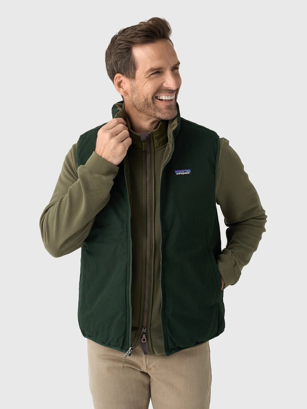 Patagonia Men's Reversible Cotton Down Vest in Old Growth Green